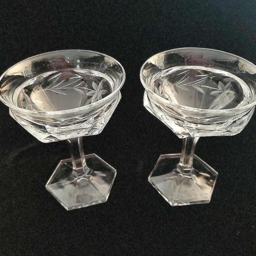 2 Vintage Fancy Crystal Etched Floral Glass Dessert Cocktail Glasses Set of Two